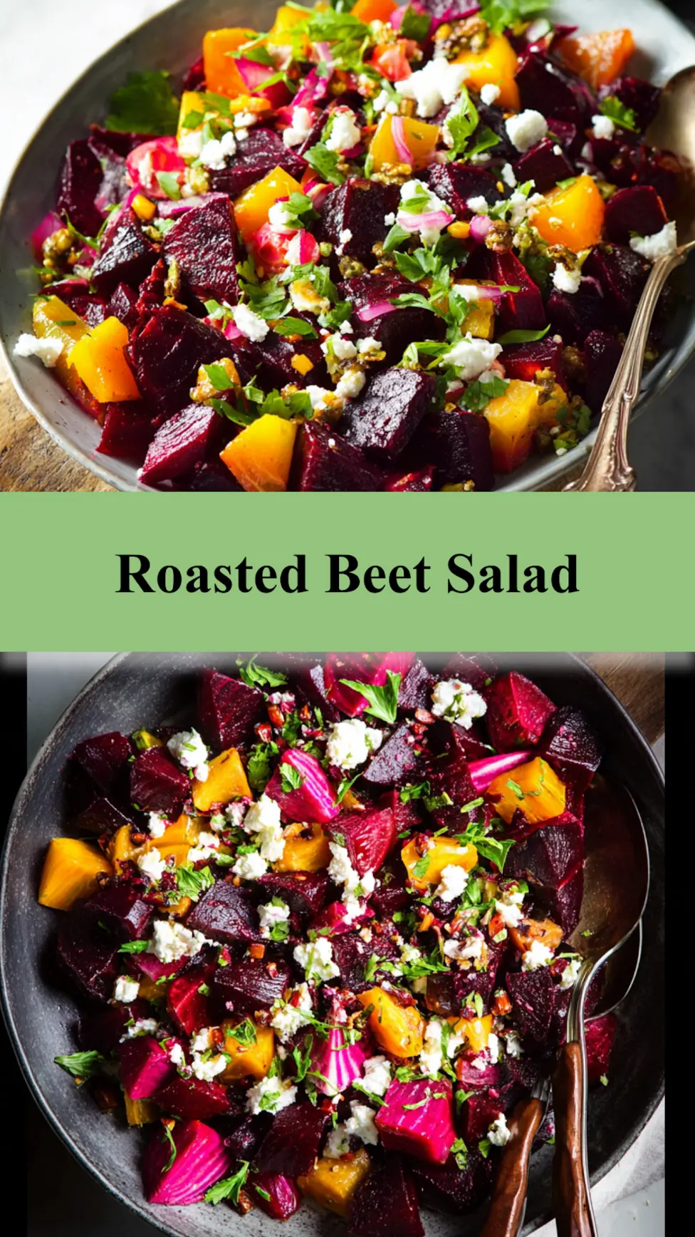 Roasted beet salad pin image showing vibrant beets with feta, pistachios, and citrus vinaigrette