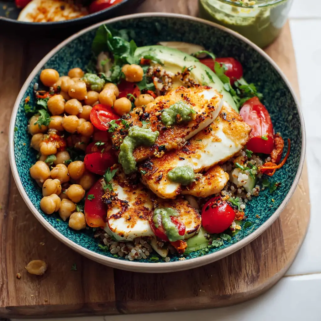 Roasted Halloumi Chickpea Bowl served and ready to eat