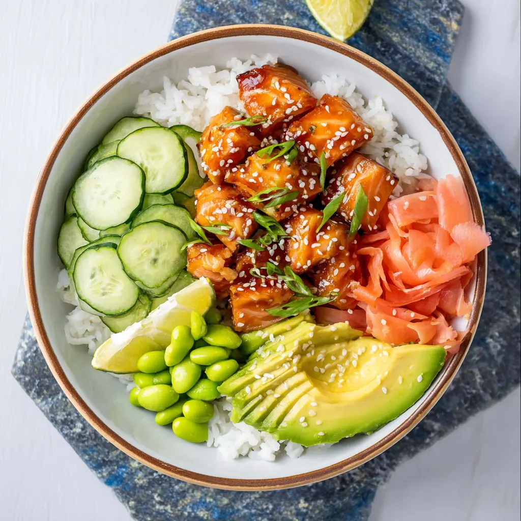 Salmon Avocado Poke Bowl served and ready to eat, homemade with fresh salmon, avocado, and vegetables