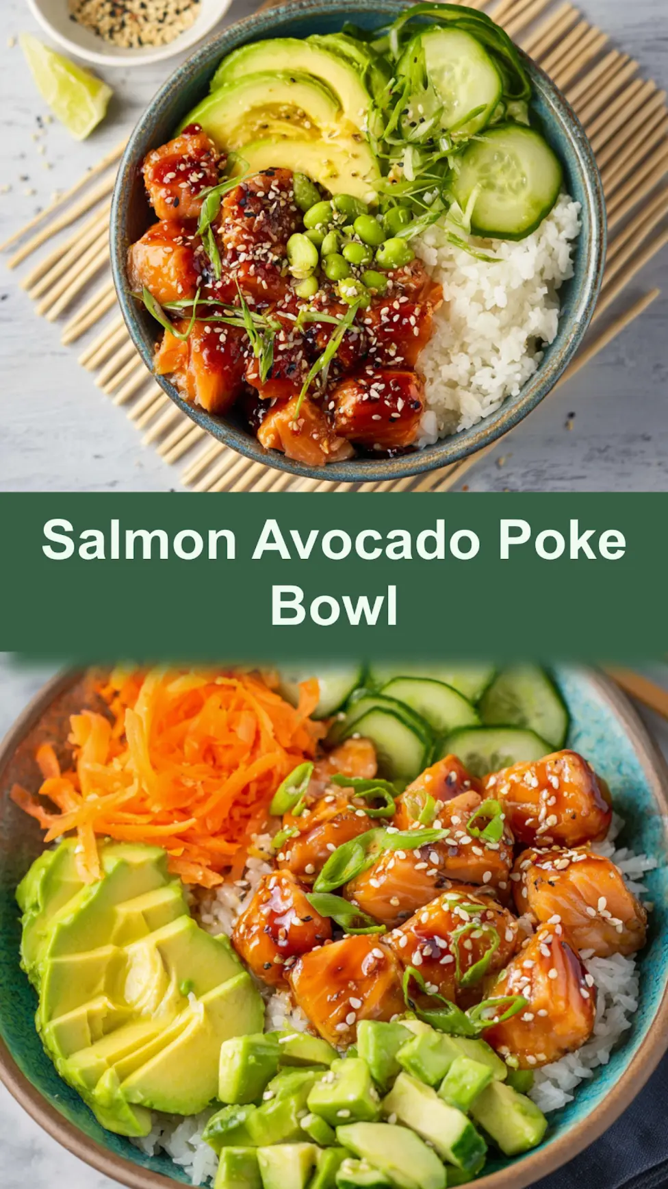 Salmon Avocado Poke Bowl recipe pin  homemade with fresh salmon, avocado, and sesame-ginger marinade