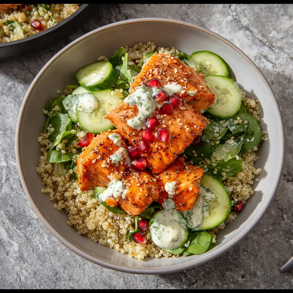 Salmon quinoa bowl served and ready to eat, an easy homemade dish with honey-paprika salmon, fluffy quinoa, cucumber salad, and creamy dill sauce