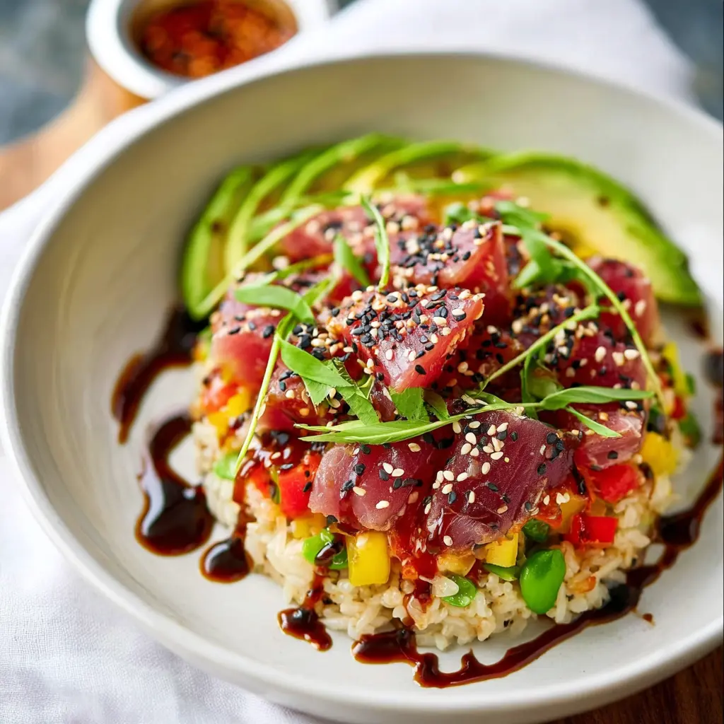 Sesame Tuna Rice Bowl recipe, served and ready to eat, easy homemade dish