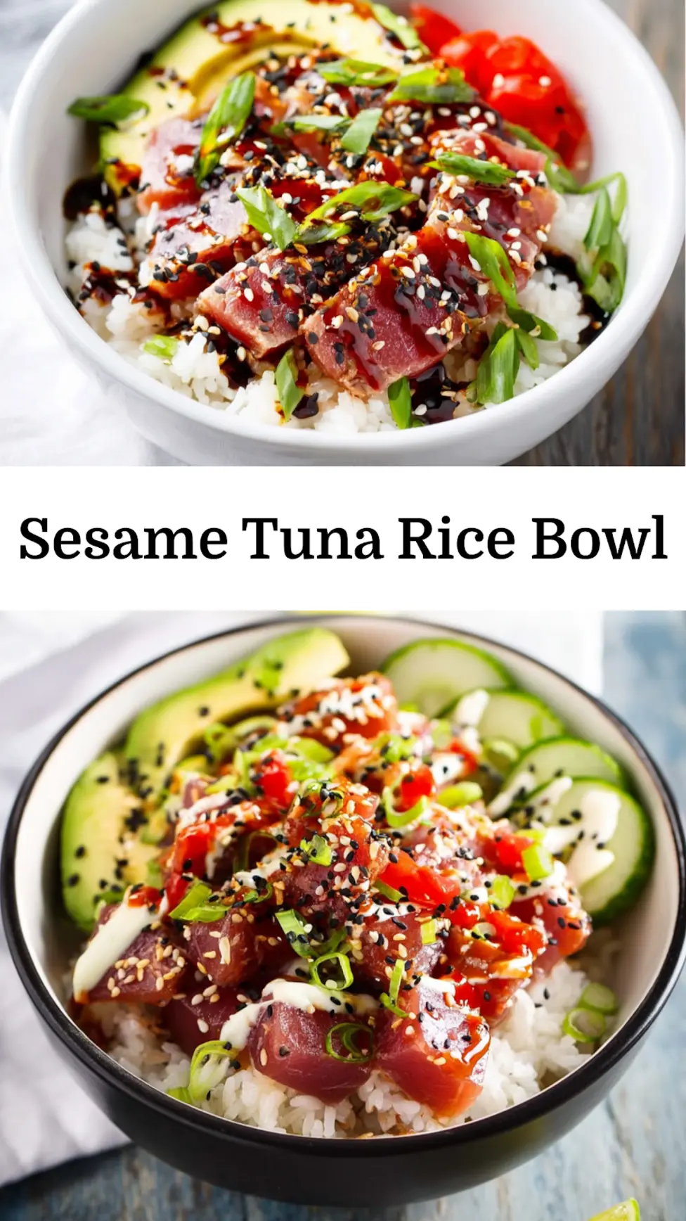 Sesame Tuna Rice Bowl recipe, served and ready to eat, easy homemade dish_pin
