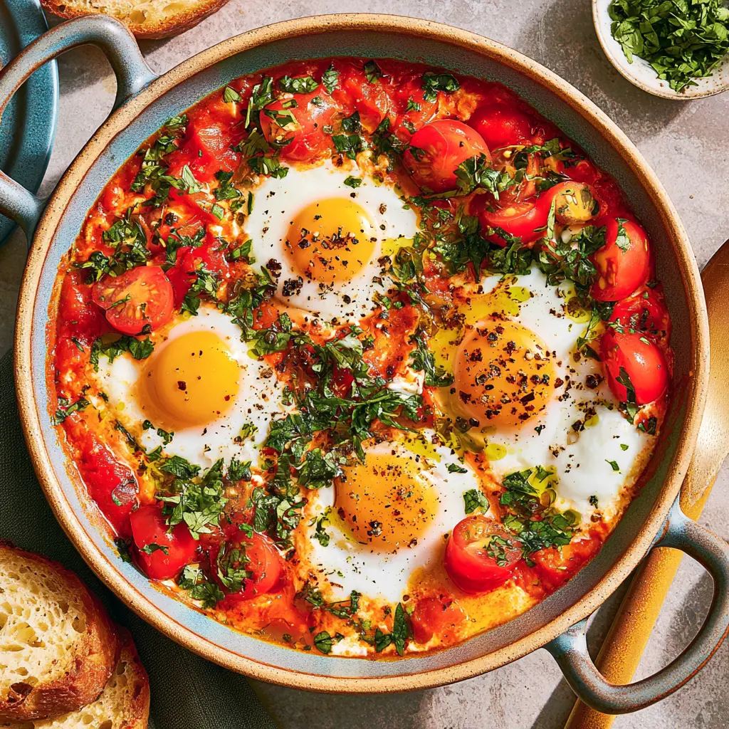 Shakshuka Egg White Protein Bowl Warm Satisfying Way to Make Real Gains 2 Shakshuka Egg White Protein Bowl served in a skillet with set egg whites, red tomato sauce, and fresh herbs