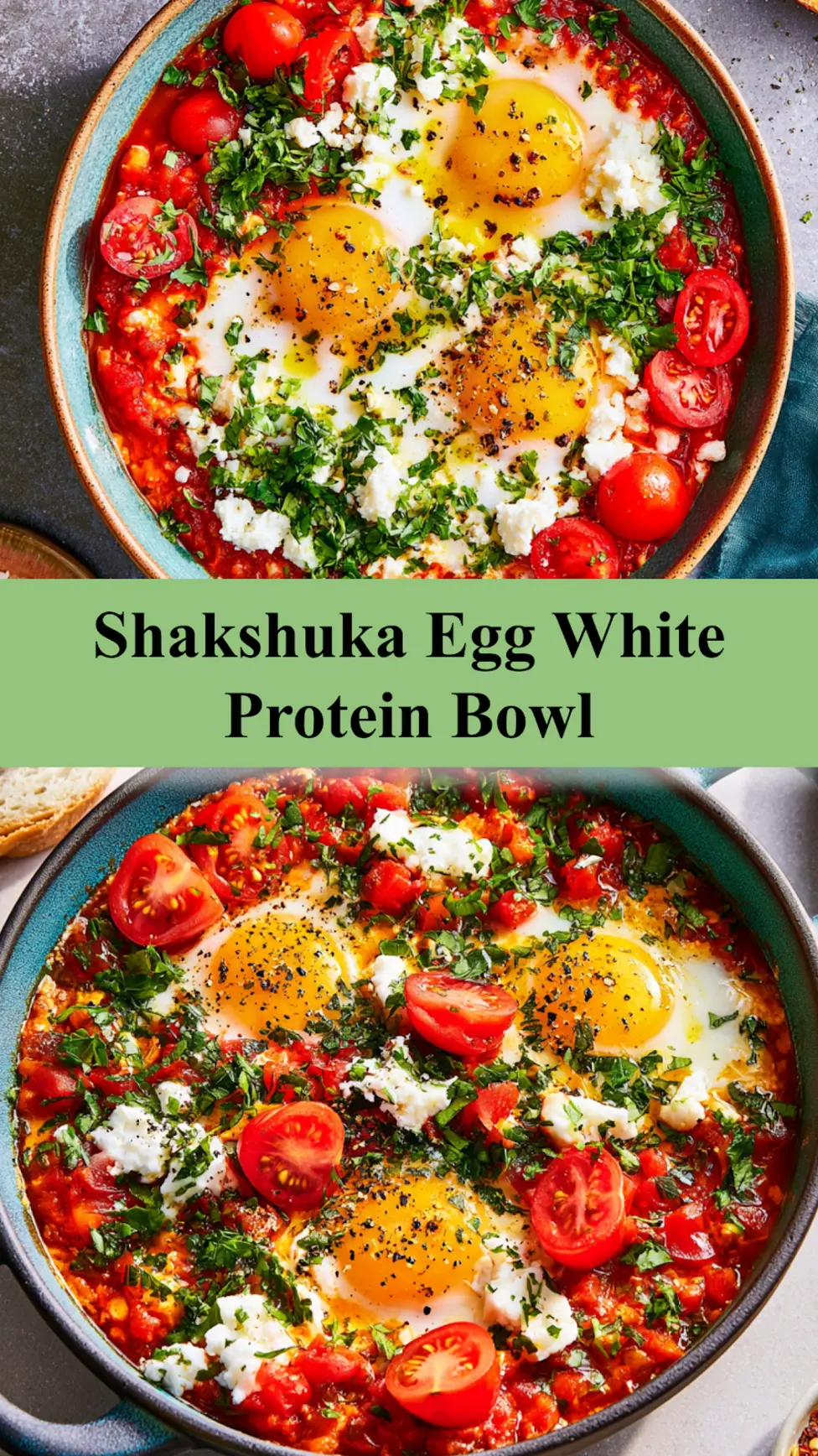 Shakshuka Egg White Protein Bowl Warm Satisfying Way to Make Real Gains 3 Shakshuka Egg White Protein Bowl recipe pin easy homemade dish with red tomato sauce, set egg whites, and fresh herbs