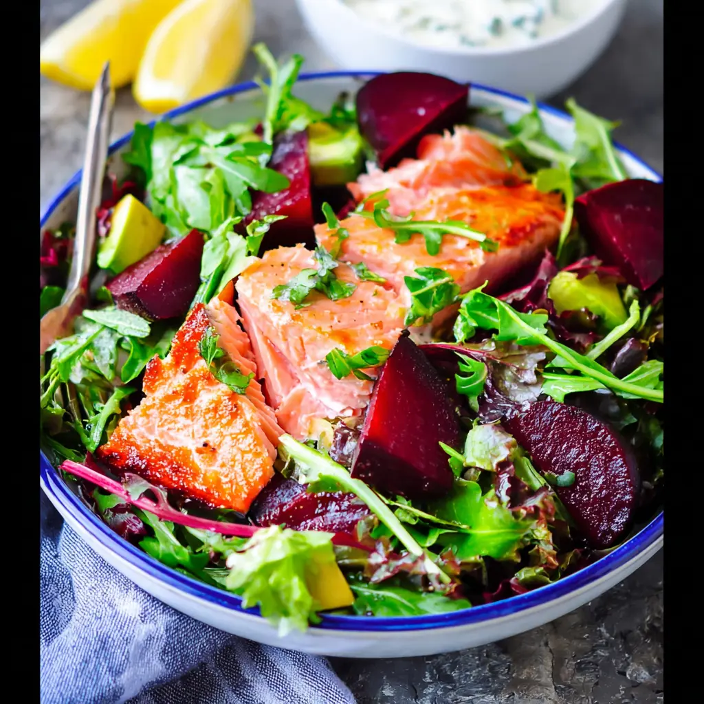 Smoked Salmon Beet Arugula Bowl Vibrant Fresh Way to Make Real Dinner 2 Smoky Salmon Beet Arugula Bowl recipe, served and ready to eat, easy homemade dish