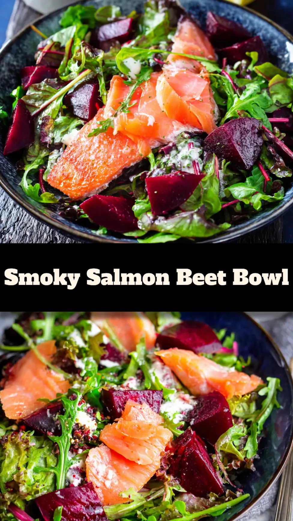 Smoked Salmon Beet Arugula Bowl Vibrant Fresh Way to Make Real Dinner 3 Smoky Salmon Beet Arugula Bowl recipe, served and ready to eat, easy homemade dish_pin