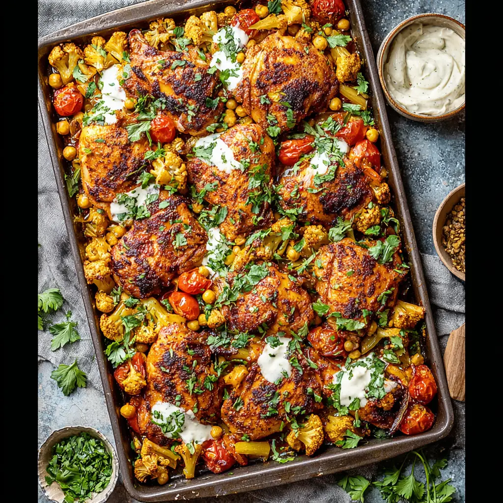 Spicy Harissa Chicken Sheet Pan Your New Favorite Satisfying Dinner 2 Spicy Harissa Chicken Sheet Pan recipe, served and ready to eat, easy homemade dish
