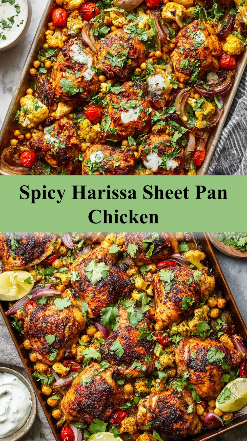Spicy Harissa Chicken Sheet Pan Your New Favorite Satisfying Dinner 3 Spicy Harissa Chicken Sheet Pan recipe, served and ready to eat, easy homemade dish_pin