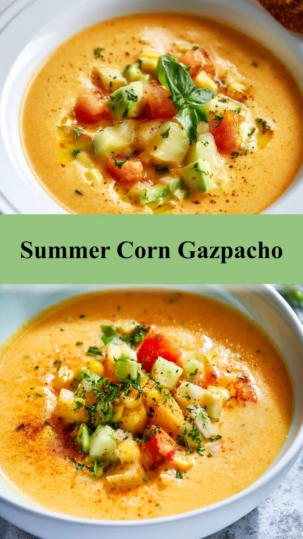 Anti-Inflammatory Summer Corn Gazpacho Vibrant Fresh Recipe Your Family Will Love 3 Summer Corn Gazpacho recipe pin chilled soup served in a bowl, ready to eat