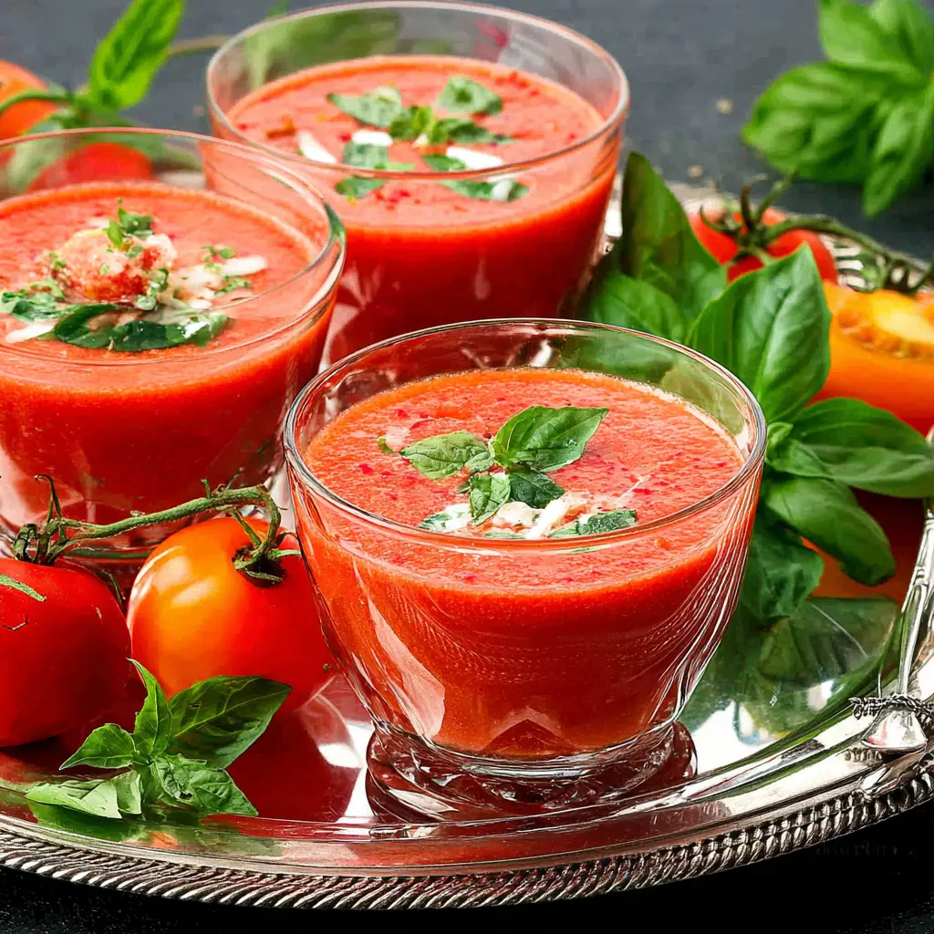 Summer Gazpacho Tomato Basil recipe, served and ready to eat, easy homemade dish