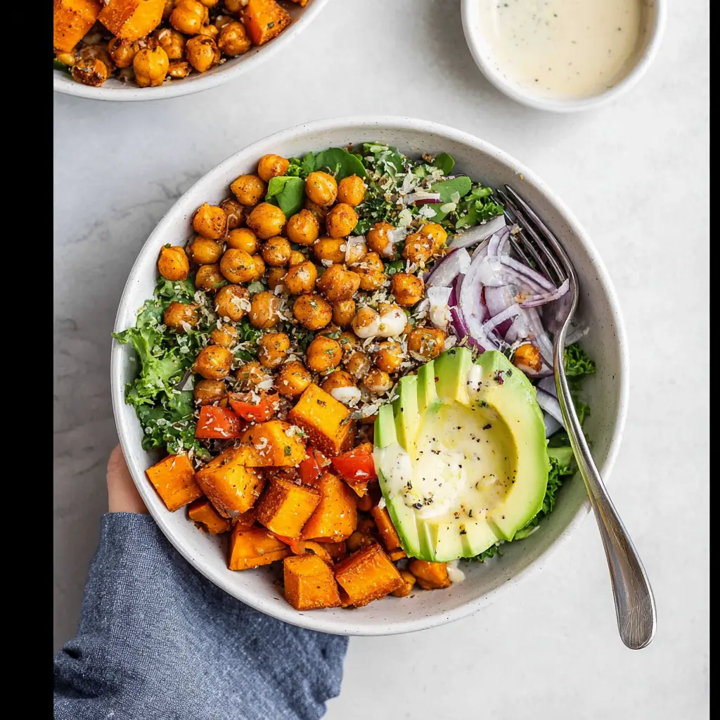 Sweet Potato Chickpea Bowl served and ready to eat, made with roasted sweet potatoes, chickpeas, kale, and lemon tahini dressing