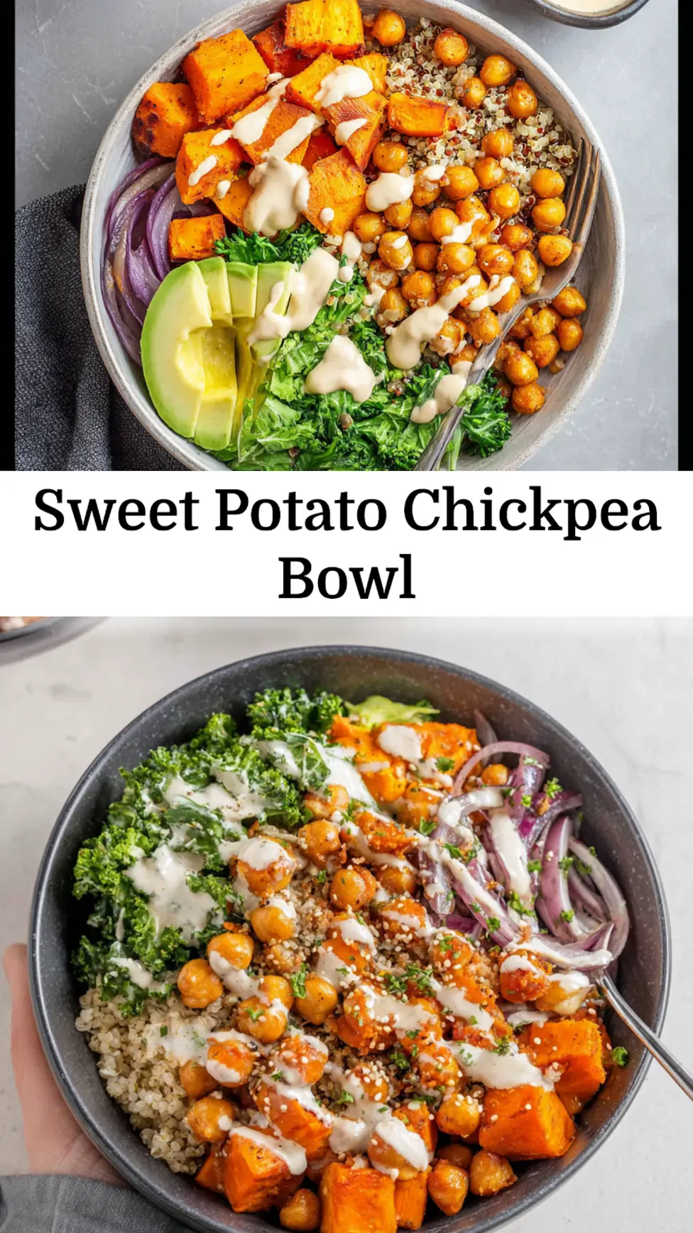 Sweet Potato Chickpea Bowl recipe pin  roasted sweet potatoes, spiced chickpeas, kale, and lemon tahini dressing over quinoa