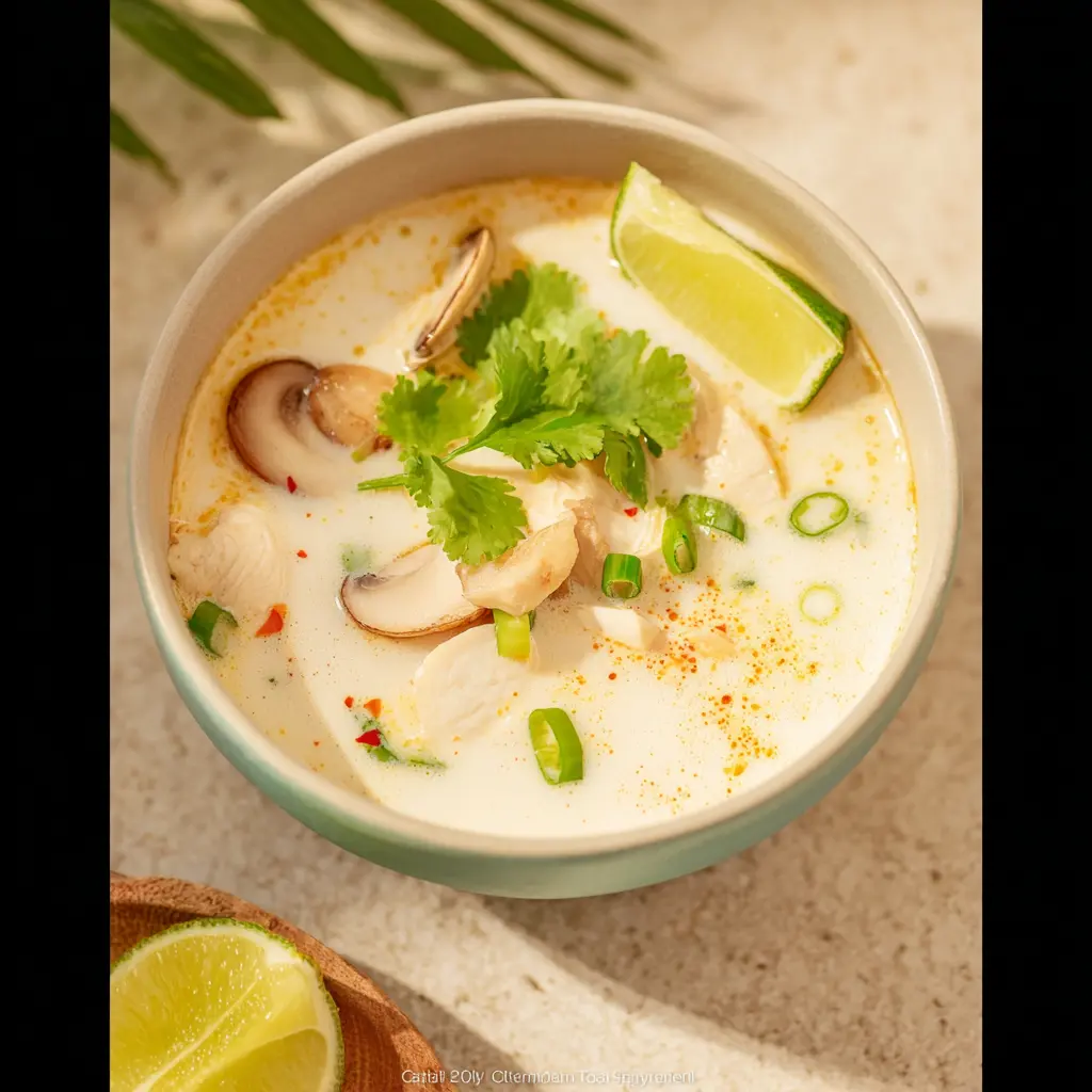 Thai Tom Kha Soup Galangal recipe, served and ready to eat, easy homemade dish
