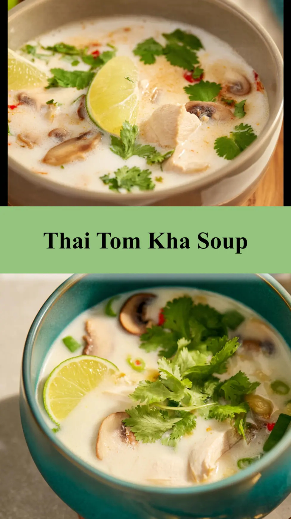 Thai Tom Kha Soup Galangal recipe, served and ready to eat, easy homemade dish_pin