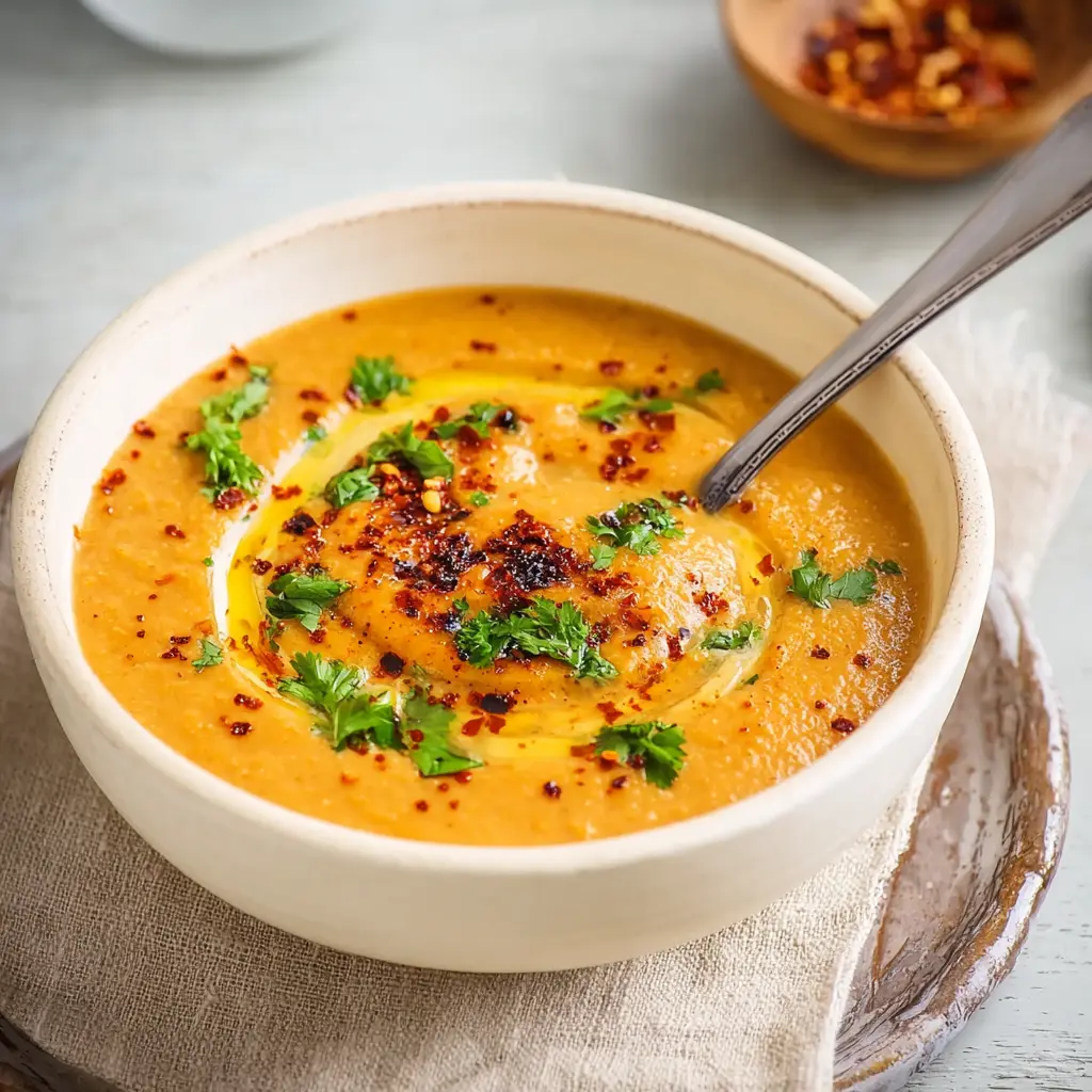 Turkish Red Lentil Soup Aleppo Pepper recipe, served and ready to eat, easy homemade dish