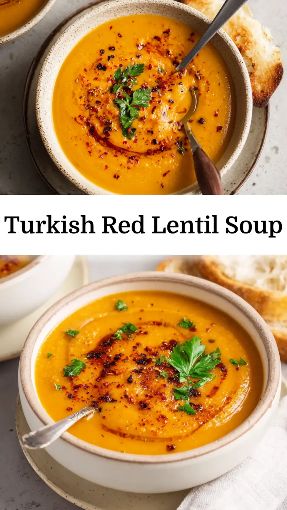 Turkish Red Lentil Soup Aleppo Pepper recipe, served and ready to eat, easy homemade dish