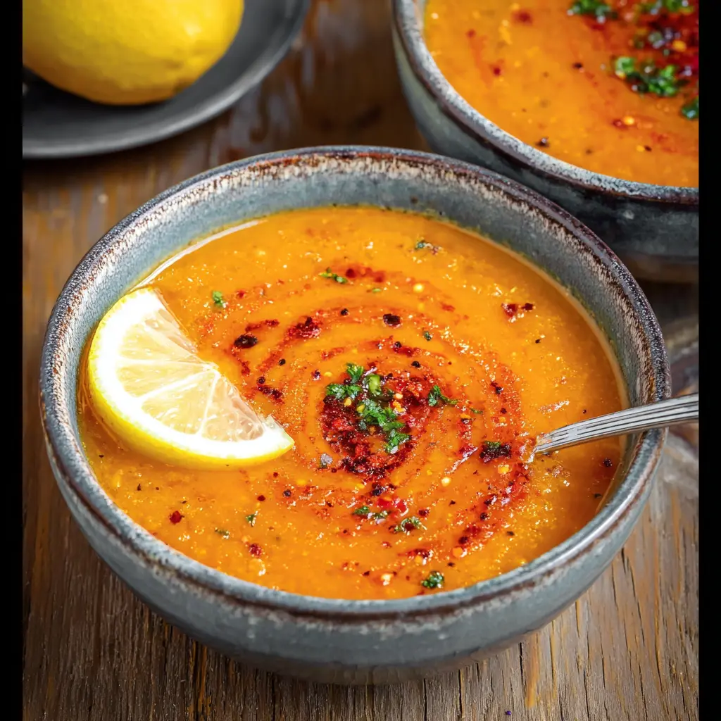 Turkish Red Lentil Soup Lemon recipe, served and ready to eat, easy homemade dish