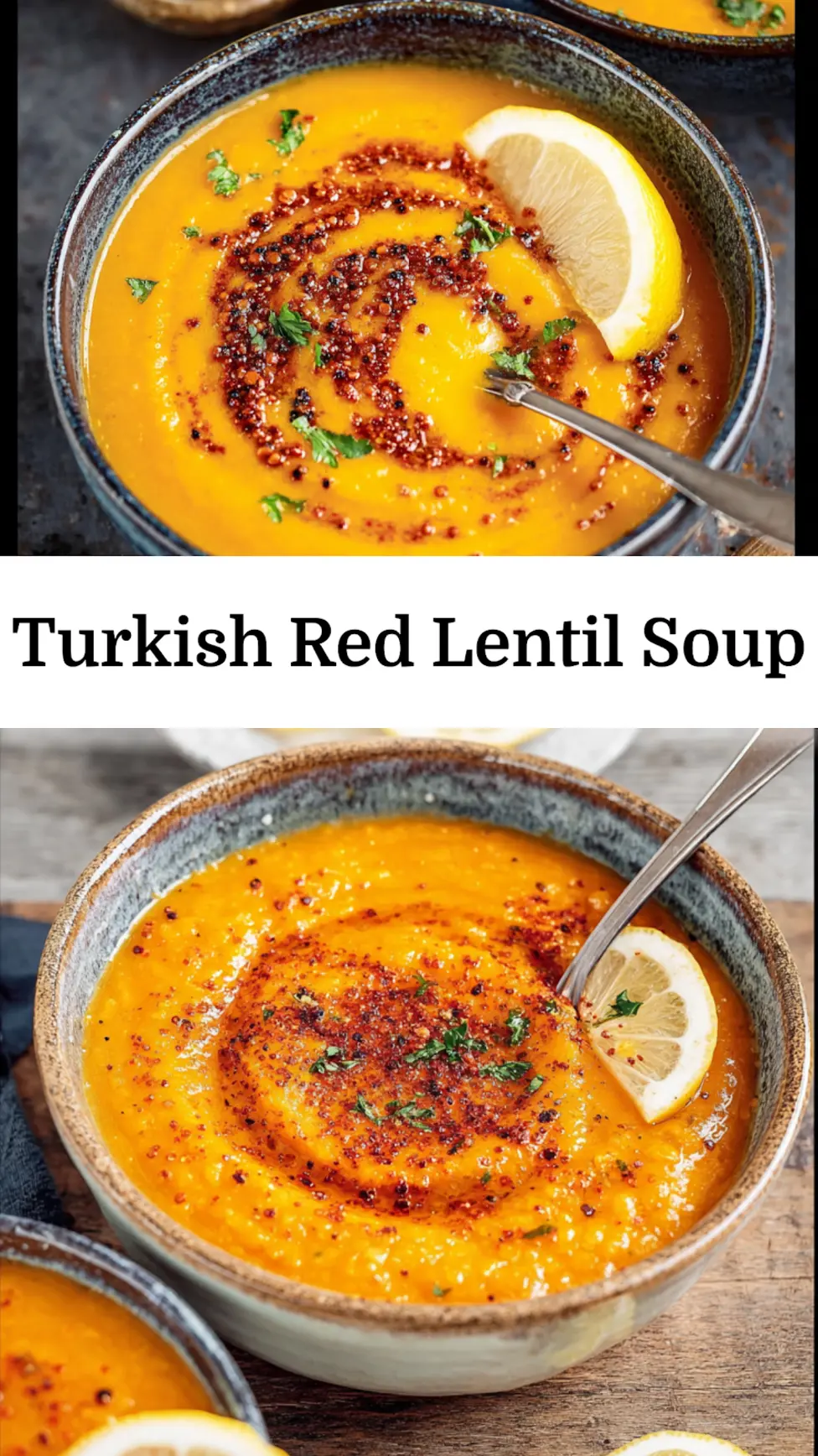 Turkish Red Lentil Soup Lemon recipe, served and ready to eat, easy homemade dish_pin