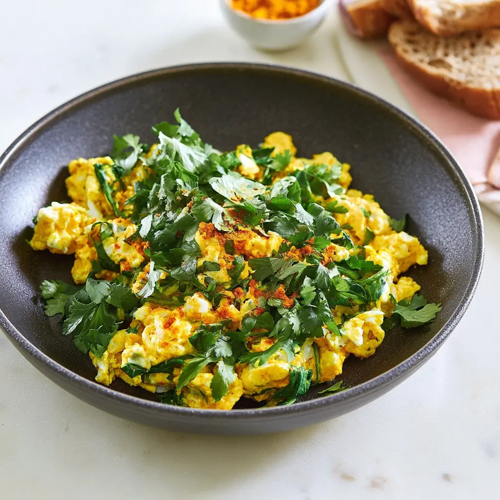 Turmeric Egg White Scramble recipe, served and ready to eat, easy homemade dish