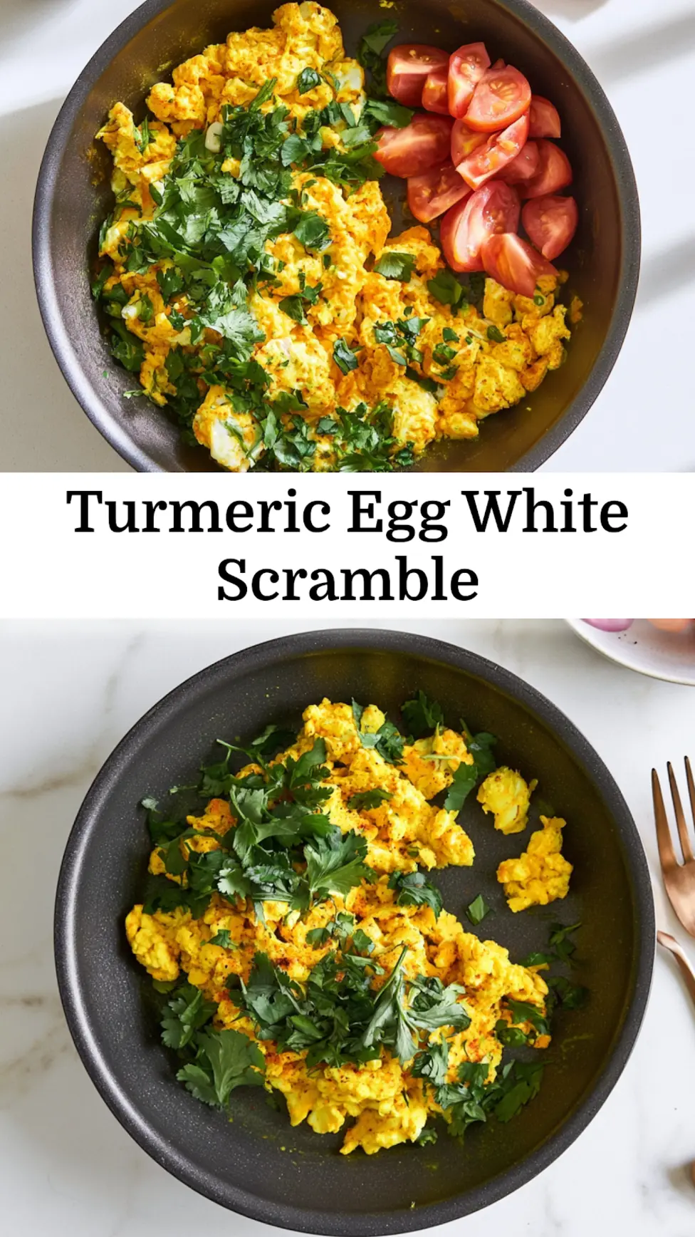 Turmeric Egg White Scramble recipe, served and ready to eat, easy homemade dish_pin