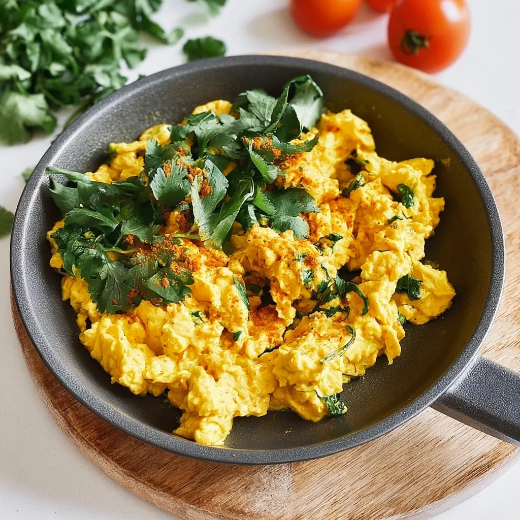 Turmeric Scrambled Eggs recipe, served and ready to eat, easy homemade dish