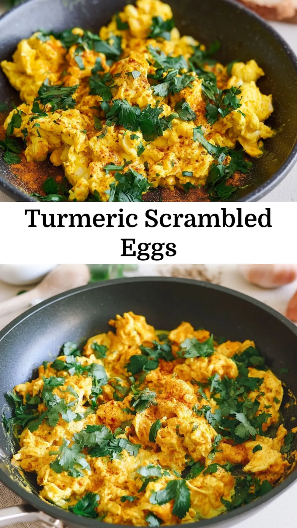 Turmeric Scrambled Eggs recipe, served and ready to eat, easy homemade dish