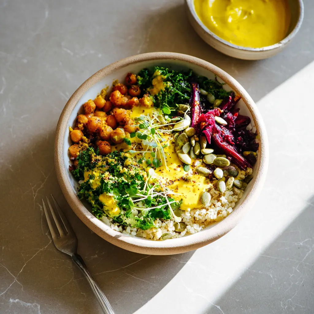 Turmeric Tahini Grain Bowl served and ready to eat, homemade with roasted vegetables and golden tahini dressing