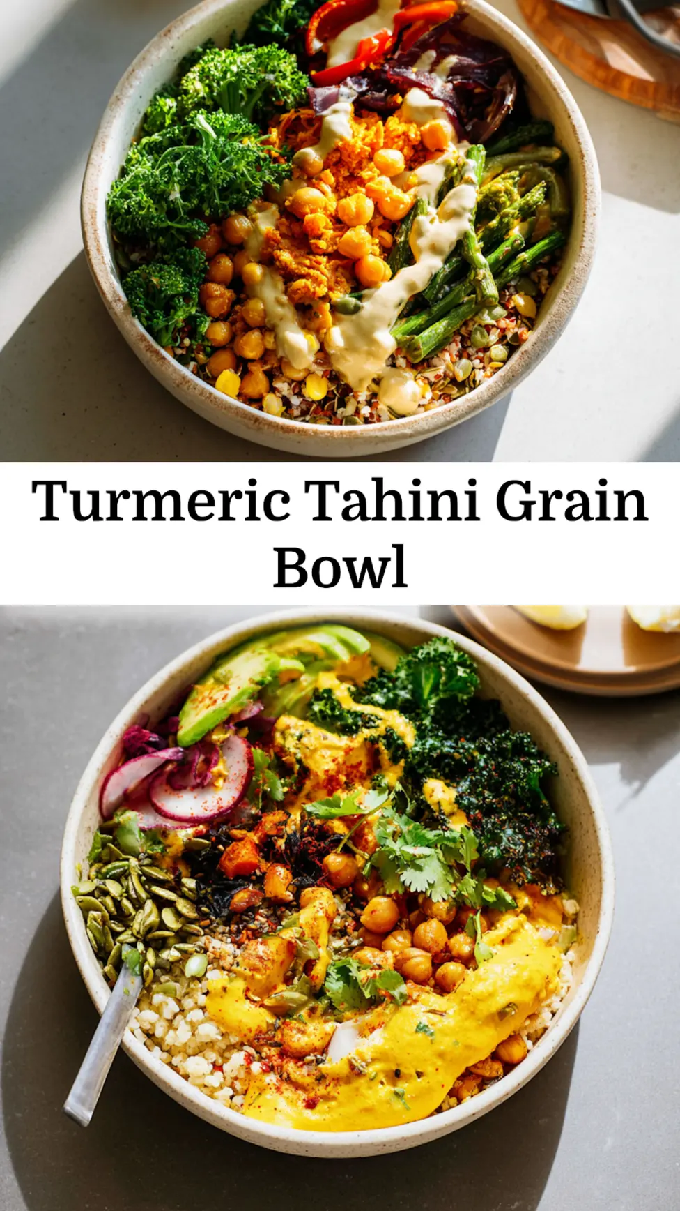 Turmeric Tahini Grain Bowl meal prep pin showing roasted vegetables, chickpeas, and golden turmeric tahini dressing