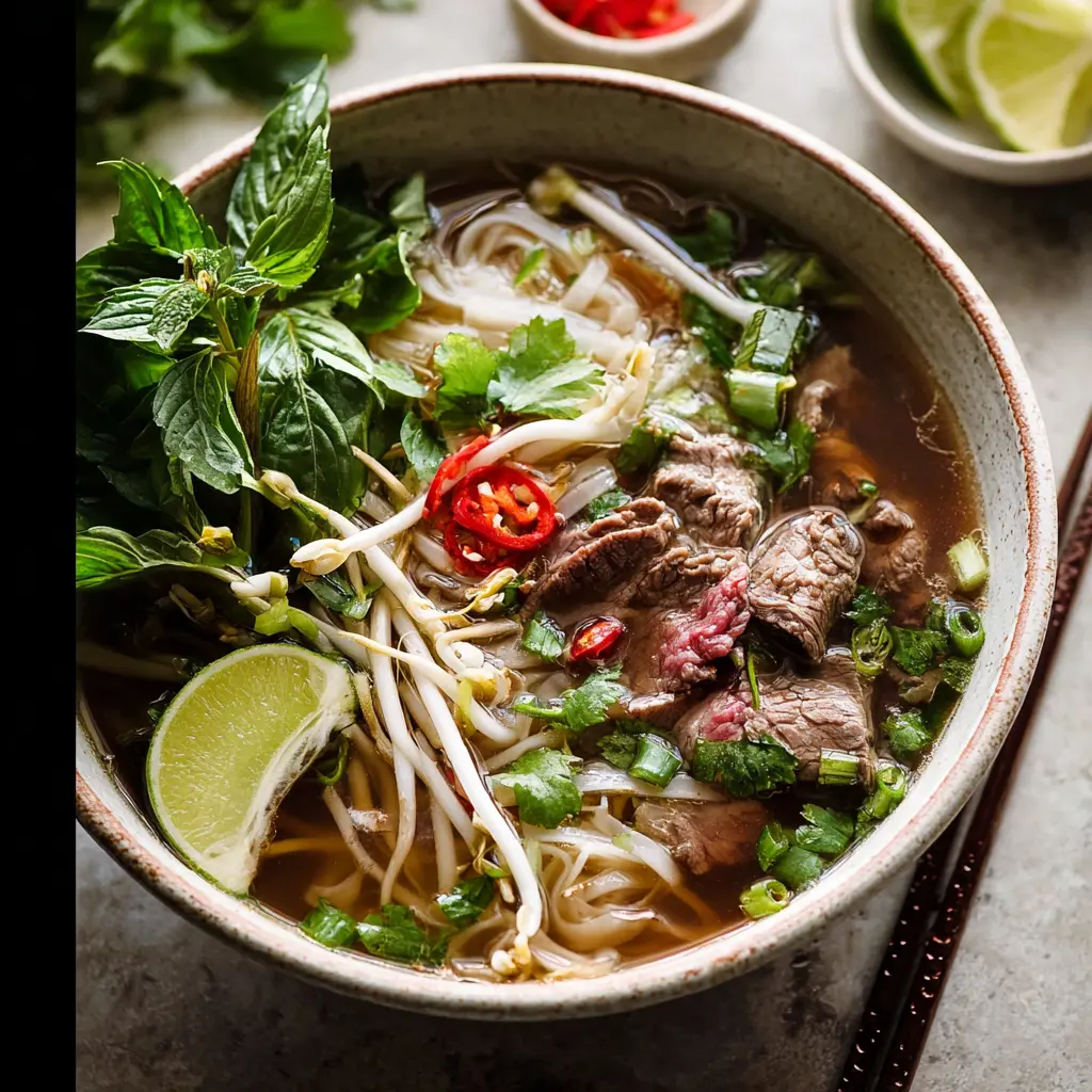Vietnamese Pho Anti-Inflammatory Bone Broth served in a bowl, garnished with fresh herbs and lime