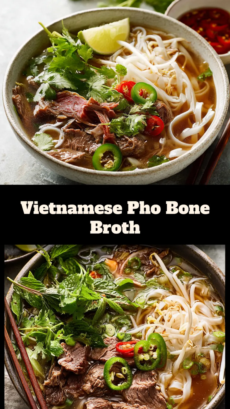 Vietnamese Pho Anti-Inflammatory Bone Broth recipe pin  homemade bowl with fresh herb toppings