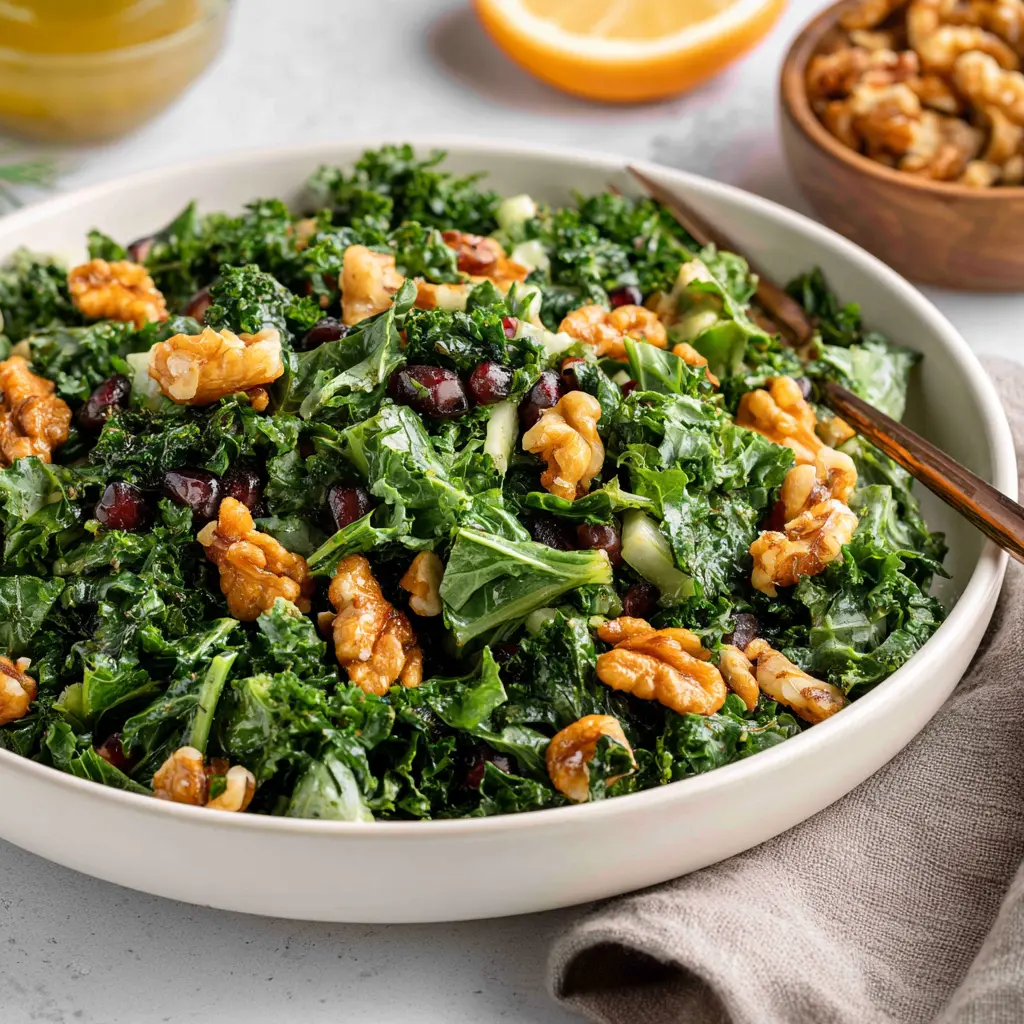 Anti-Inflammatory Walnut Kale Salad Your New Favorite Vibrant Fresh Bowl 2 Walnut Kale Salad recipe, served and ready to eat, easy homemade dish