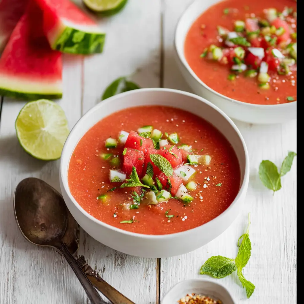 Watermelon Gazpacho Vitamin C Soup Vibrant Fresh Way to Make Your New Favorite 2 Watermelon Gazpacho Vitamin C Soup recipe, served and ready to eat, easy homemade dish