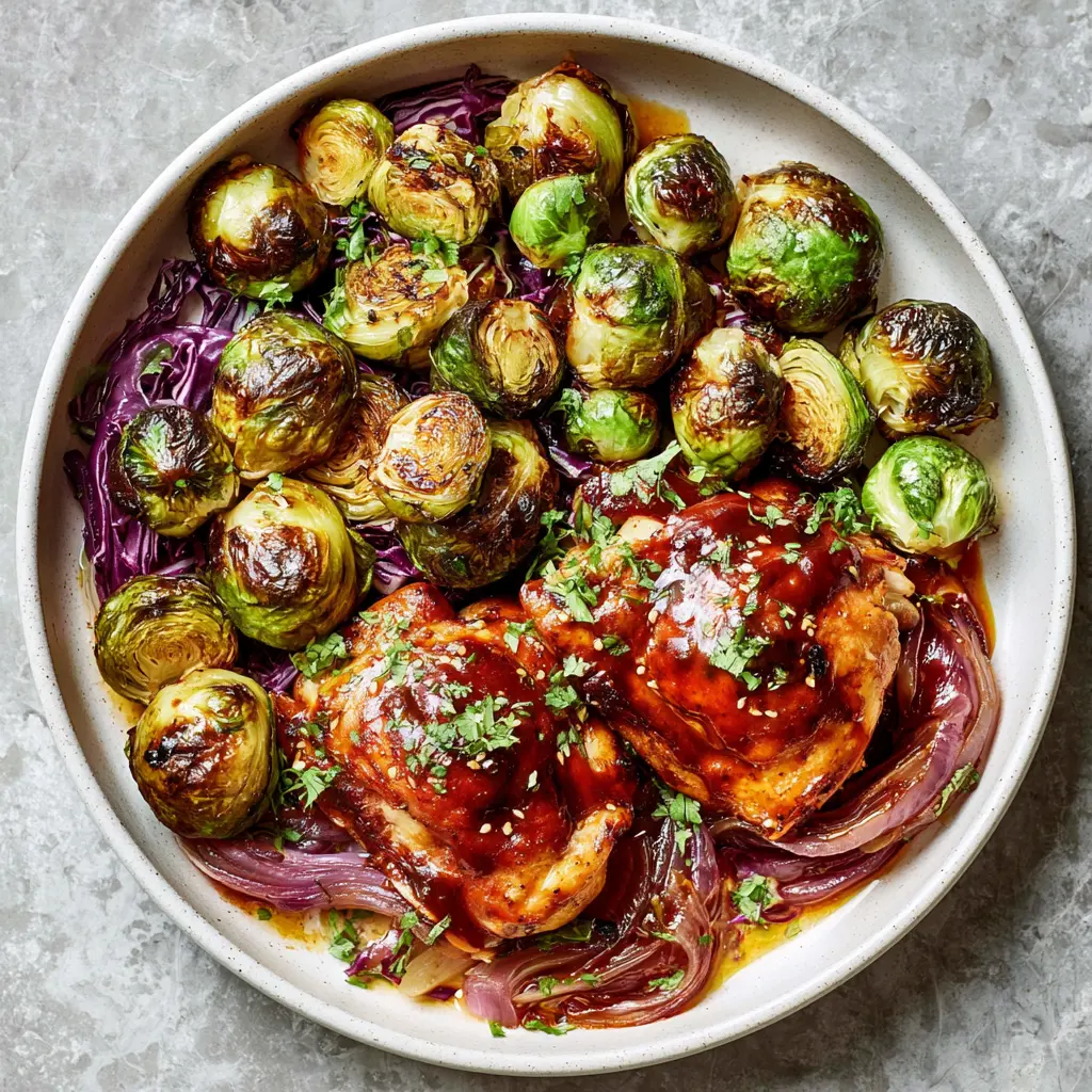 BBQ Chicken Roasted Brussels Sprouts Bowl Warm Satisfying Way to Make Real Weeknight Magic 1 BBQ Chicken Roasted Brussels Sprouts Bowl recipe, served and ready to eat, easy homemade dish