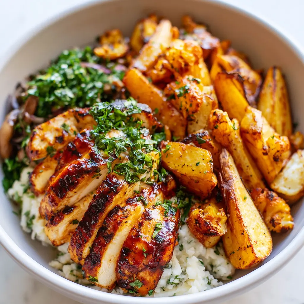 BBQ Chicken Roasted Parsnip Bowl Satisfying New Way to Make Dinner Better 1 BBQ Chicken Roasted Parsnip Bowl recipe, served and ready to eat, easy homemade dish