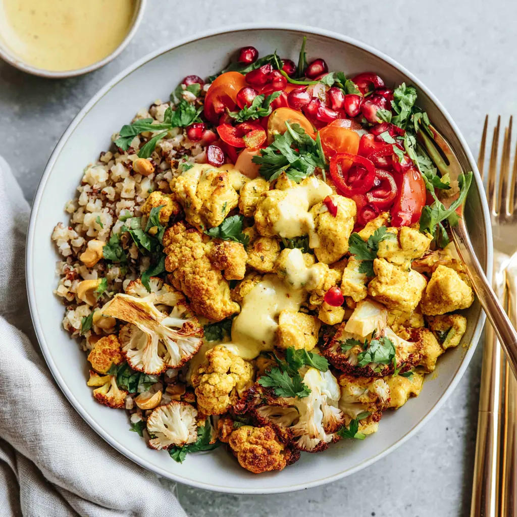 Curry Chicken Roasted Cauliflower Bowl Warm and Satisfying Real Flavor Made Better 1 Curry Chicken Roasted Cauliflower Bowl recipe, served and ready to eat, easy homemade dish