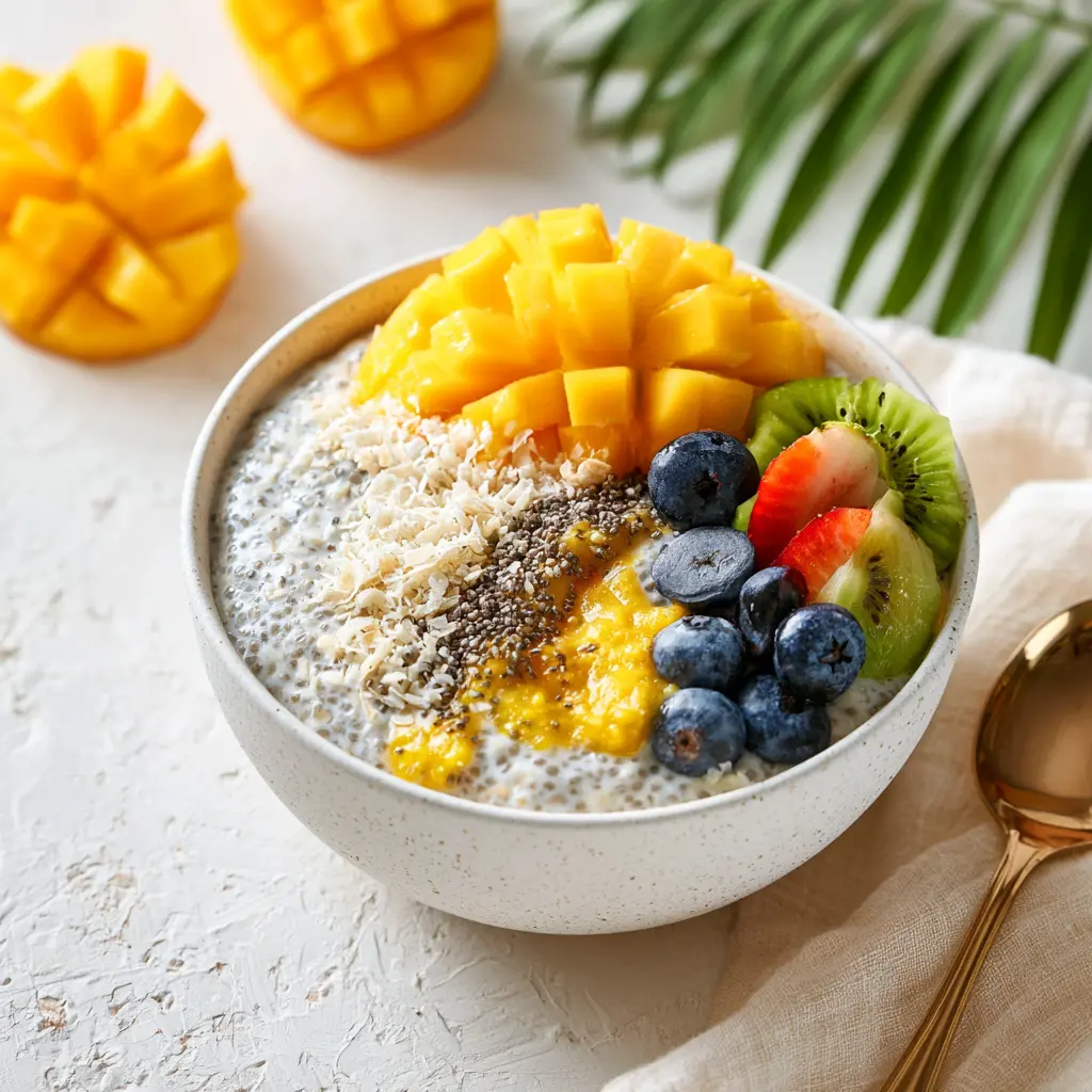 Mango Chia Protein Bowl recipe, served and ready to eat, easy homemade dish