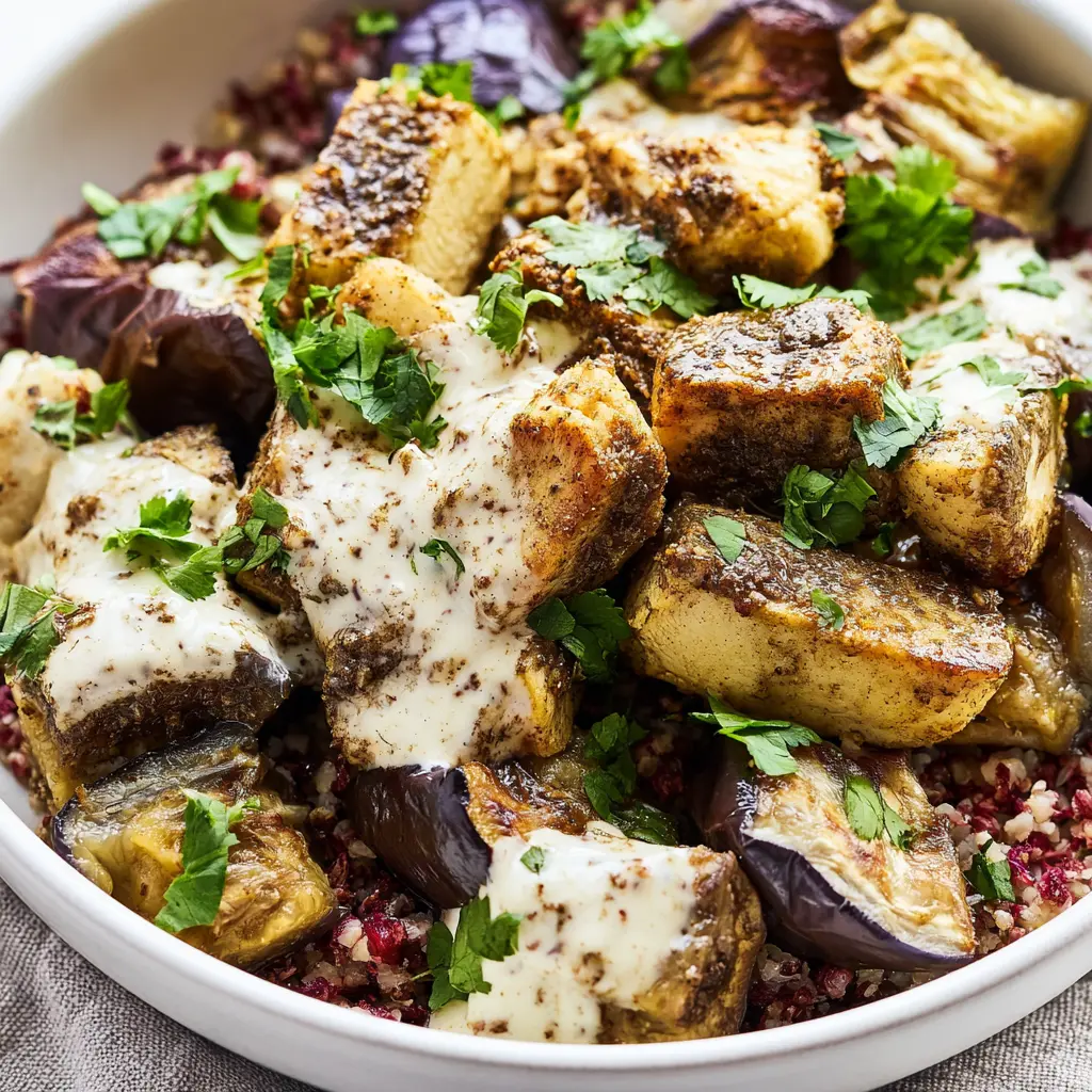 Za'atar Chicken Roasted Eggplant Bowl recipe, served and ready to eat, easy homemade dish