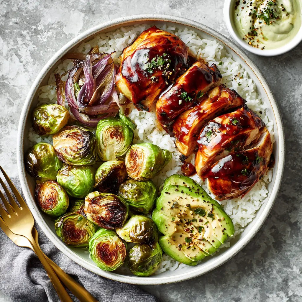 BBQ Chicken Roasted Brussels Sprouts Bowl Warm Satisfying Way to Make Real Weeknight Magic 2 BBQ Chicken Roasted Brussels Sprouts Bowl recipe, served and ready to eat, easy homemade dish