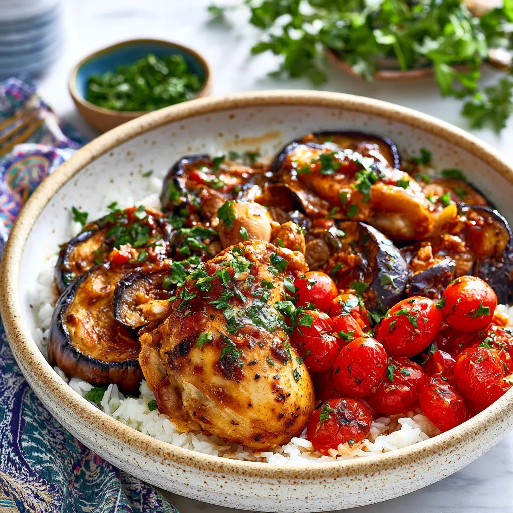 BBQ Chicken Roasted Eggplant Bowl Warm Satisfying Real Comfort in Every Bite 2 BBQ Chicken Roasted Eggplant Bowl recipe, served and ready to eat, easy homemade dish