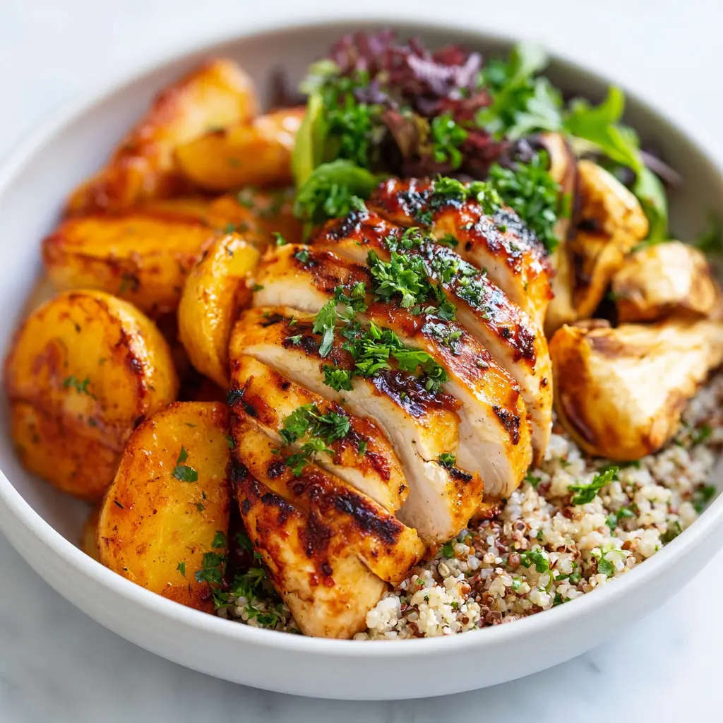 BBQ Chicken Roasted Parsnip Bowl Satisfying New Way to Make Dinner Better 2 BBQ Chicken Roasted Parsnip Bowl served and ready to eat, an easy homemade sheet pan dinner
