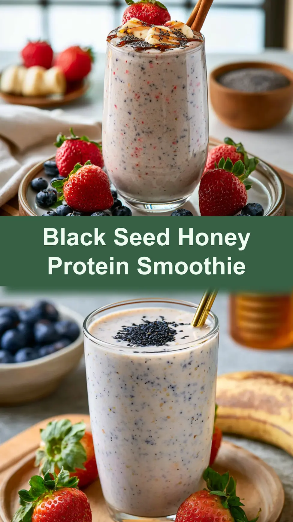 Black Seed Honey Protein Smoothie Surprisingly Satisfying Fresh Energy You Need Now 3 Black Seed Honey Protein Smoothie pinnable image showing the finished drink