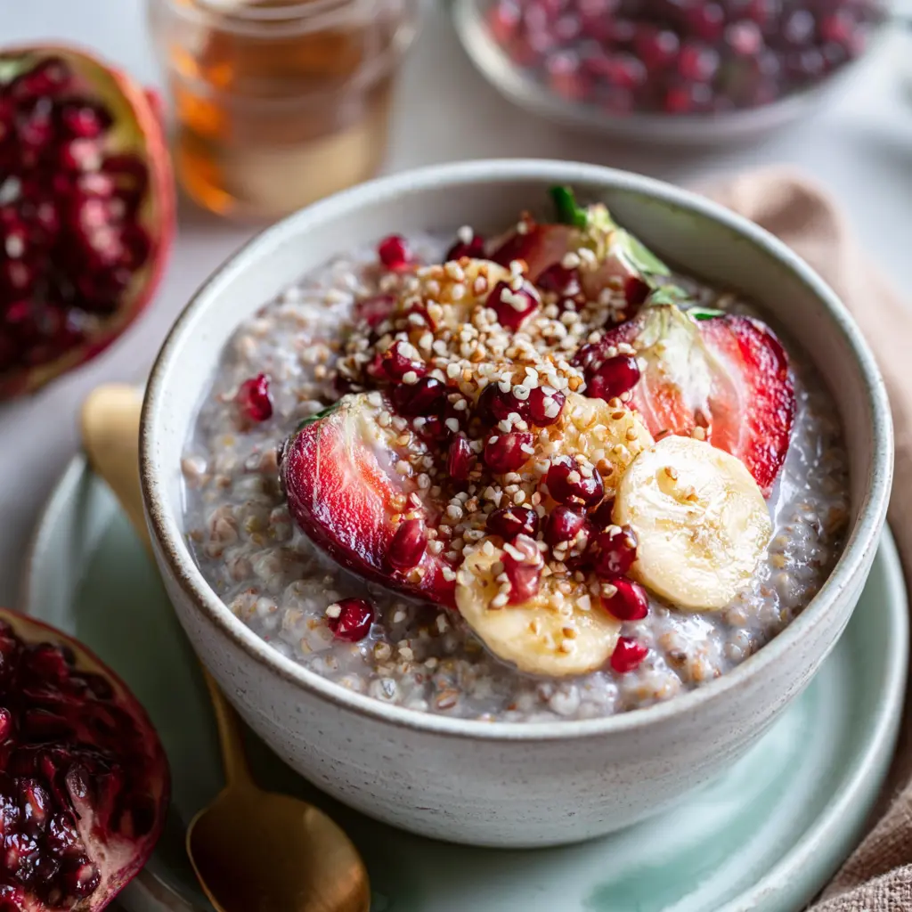 Buckwheat Protein Porridge served in a bowl, topped with seeds and ready to eat