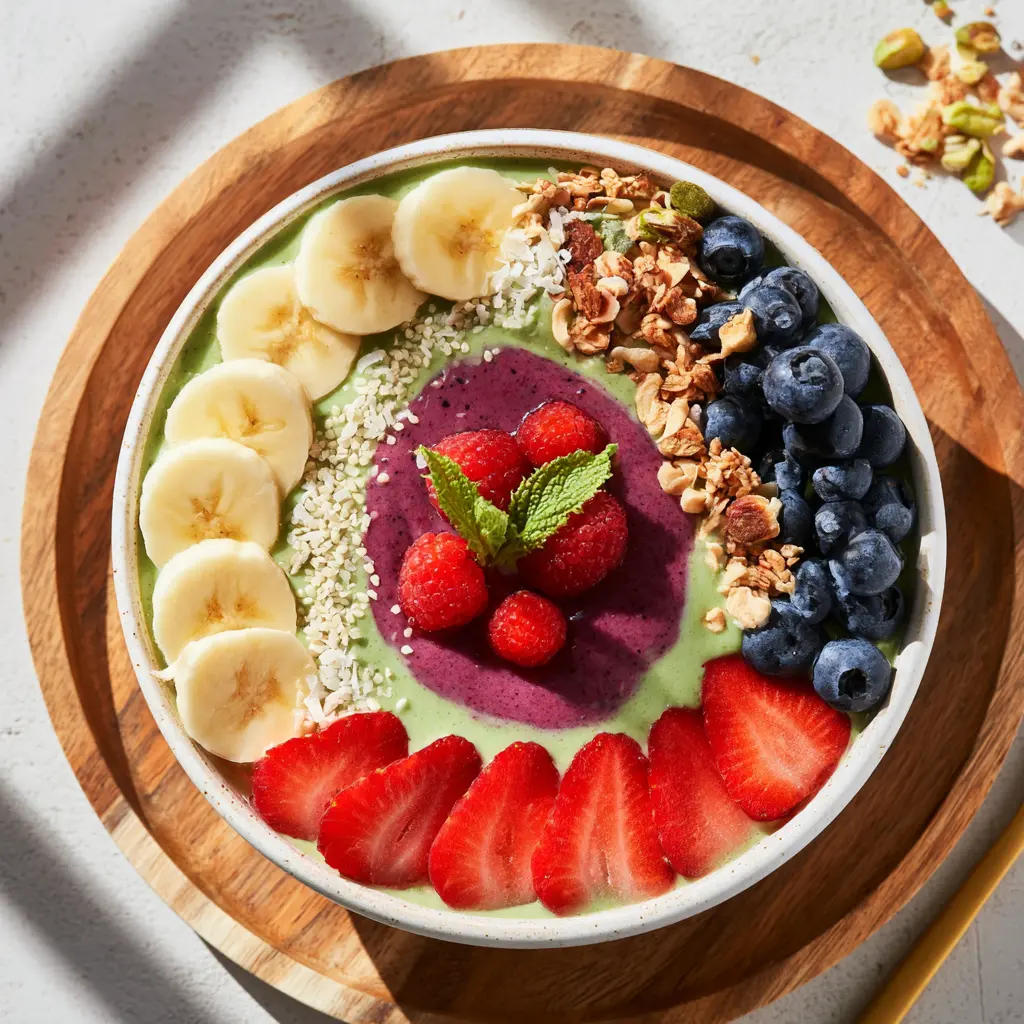 Collagen Protein Breakfast Smoothie Bowl Vibrant and Better Way to Make Your Morning Real 2 Collagen Protein Breakfast Smoothie Bowl served in a bowl, topped with fresh berries, banana slices, coconut flakes, and granola