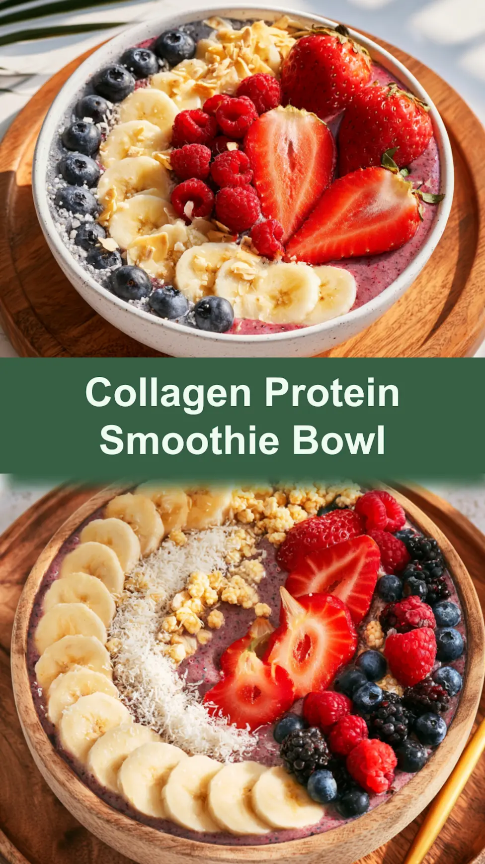 Collagen Protein Breakfast Smoothie Bowl Vibrant and Better Way to Make Your Morning Real 3 Collagen Protein Breakfast Smoothie Bowl recipe thick, spoonable, and topped with fresh fruit, coconut flakes, and granola