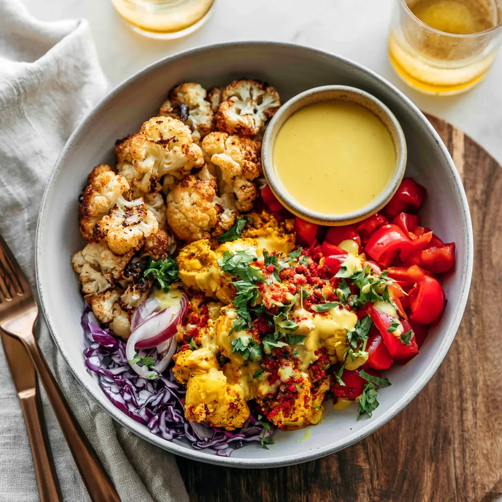 Curry Chicken Roasted Cauliflower Bowl Warm and Satisfying Real Flavor Made Better 2 Curry Chicken Roasted Cauliflower Bowl recipe, served and ready to eat, easy homemade dish