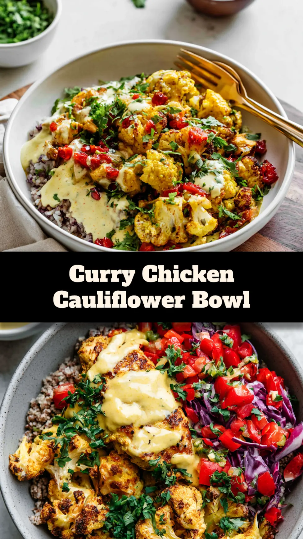 Curry Chicken Roasted Cauliflower Bowl Warm and Satisfying Real Flavor Made Better 3 Curry Chicken Roasted Cauliflower Bowl recipe, served and ready to eat, easy homemade dish_pin
