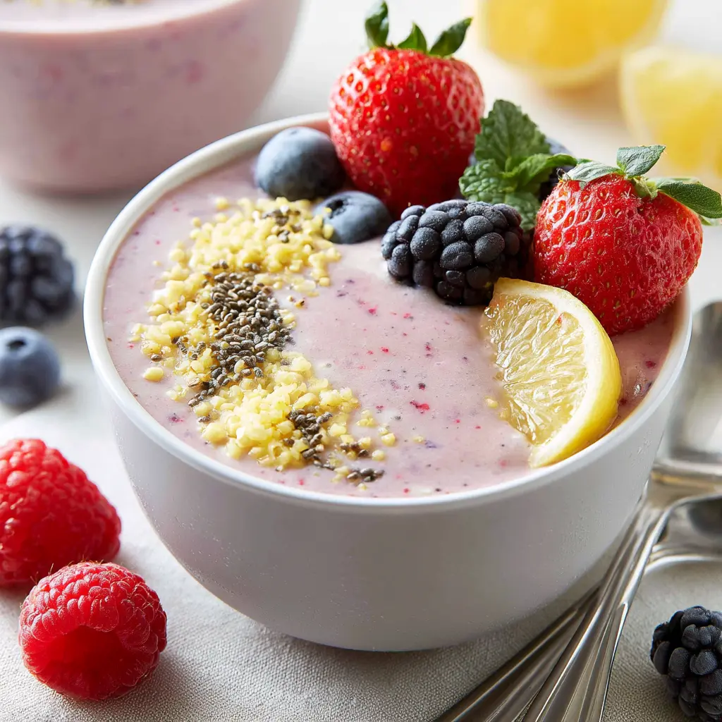Ginger Lemon Protein Smoothie Bowl Vibrant Real Way to Make Your Best Morning 2 Ginger Lemon Protein Smoothie Bowl served in a bowl, topped with fresh fruit and chia seeds, ready to eat