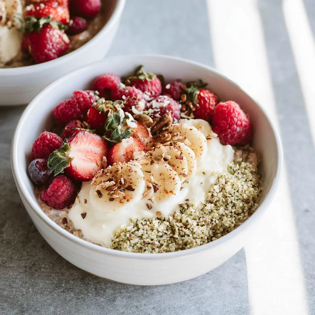 Hemp Seed Protein Breakfast Bowl Satisfying Real Way to Make Your Morning Better 2 Hemp Seed Protein Breakfast Bowl served and ready to eat, topped with fresh raspberries, slivered almonds, and golden hemp seeds