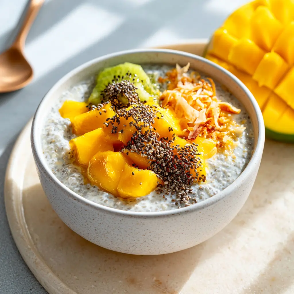 Mango Chia Protein Bowl served and ready to eat, easy homemade recipe